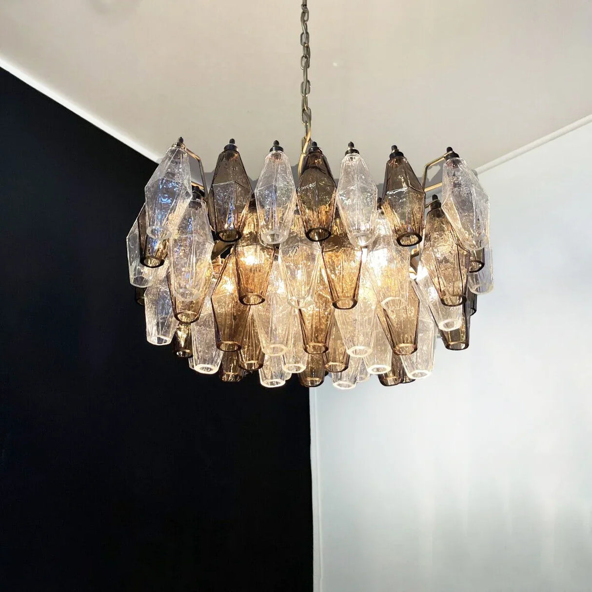 Elegant Murano Poliedri Transparent Smoked Glass Chandelier 22"