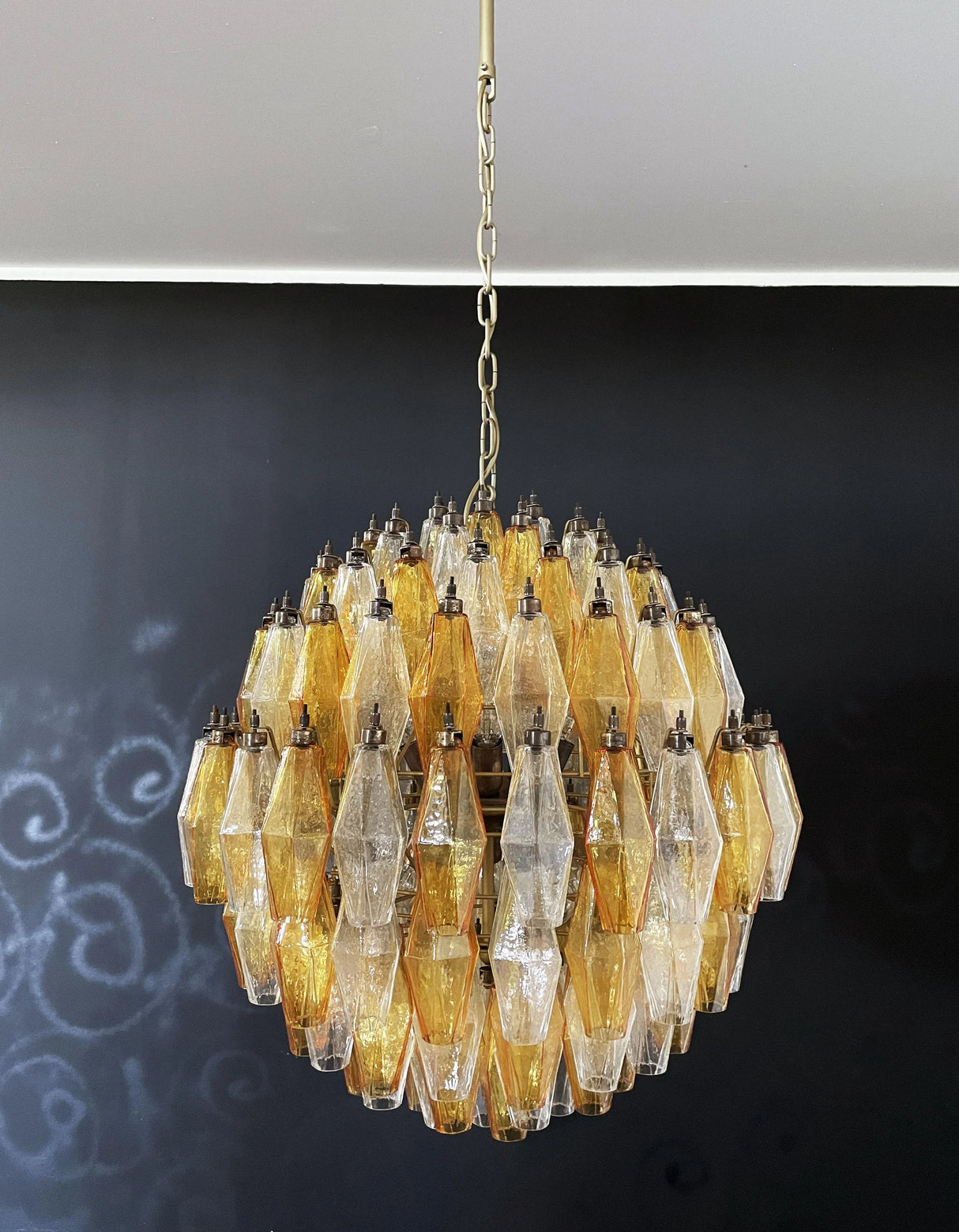 Spherical Murano Poliedri Amber Transparent Glass Chandelier 23.6"