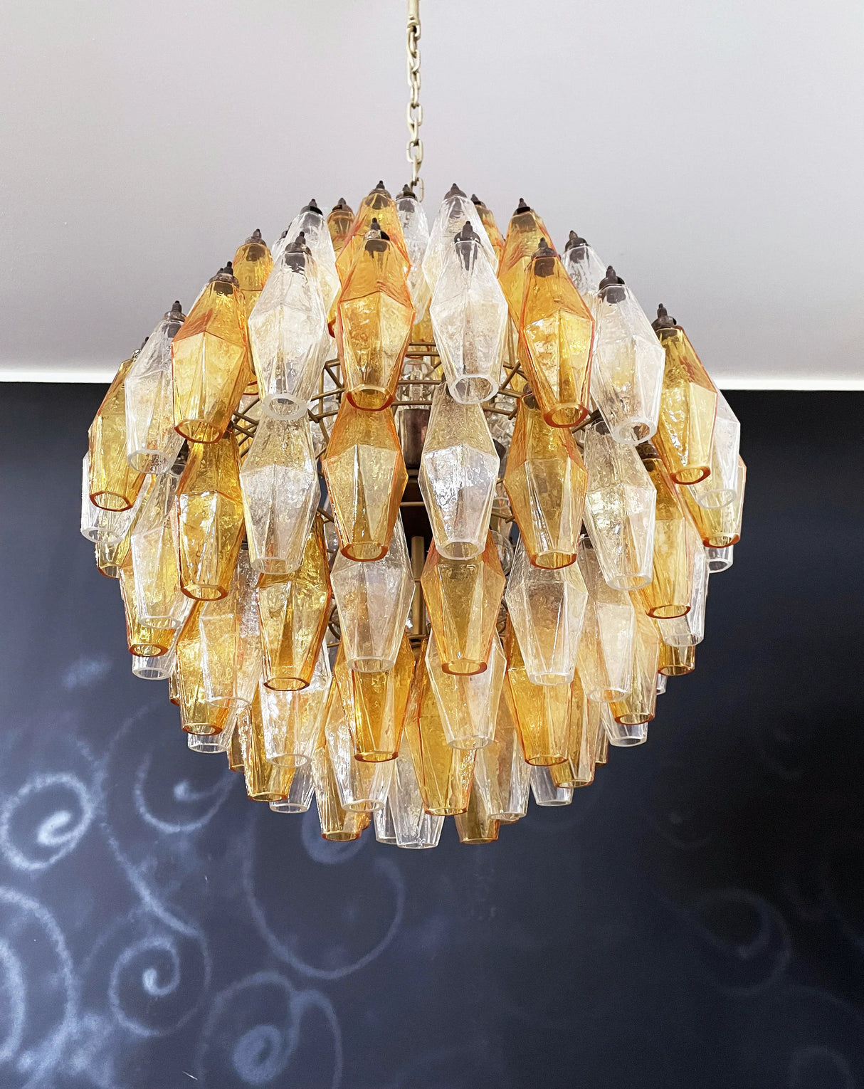 Spherical Murano Poliedri Amber Transparent Glass Chandelier 23.6"